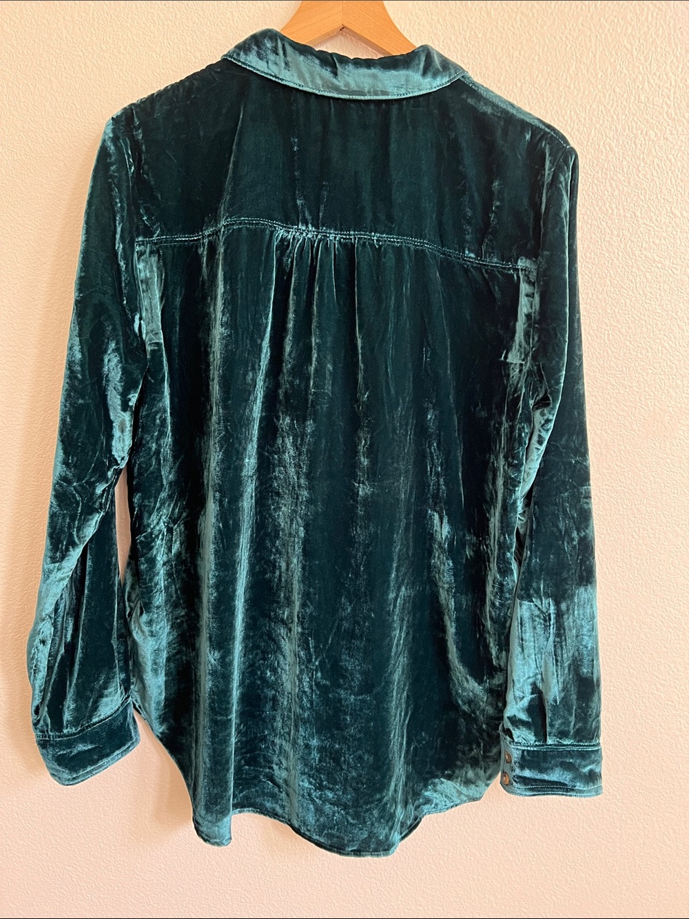 PILCRO Anthropologie Relaxed Velvet Button-Down LS Shirt Emerald Green Women L - Picture 6 of 14